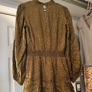 Joy Joy Olive Jacquard Leopard Smocked Waist Mini Dress Size Small NWOT